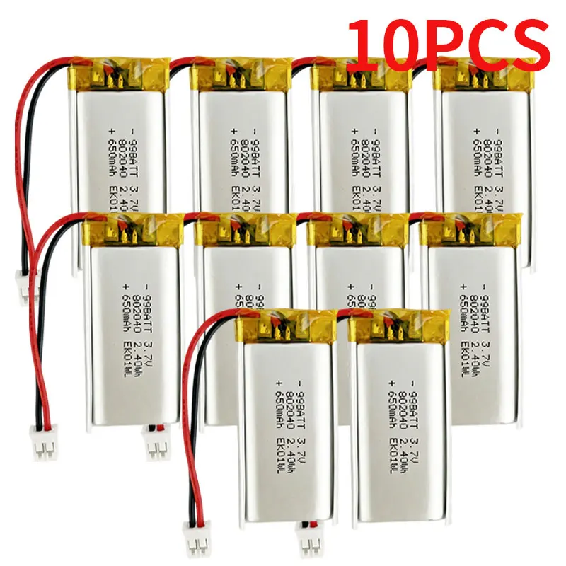 10Pcs 802040 Rechargeable 3.7V 650mAh Li-Polymer Battery with PH-2P Plug for GPS Tracker Bluetooth Earphone Mini Audio Recorder