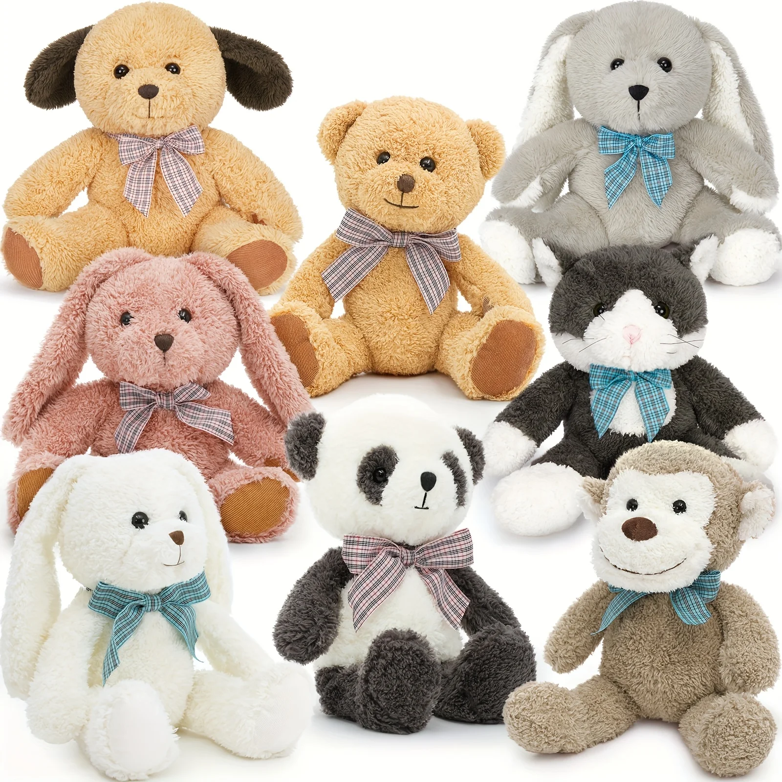 Set di animali di peluche da 8 pezzi per giovani - Peluche in morbido poliestere da 13 pollici, inclusi orsetto, cane, gatto, panda, scimmia e conigli