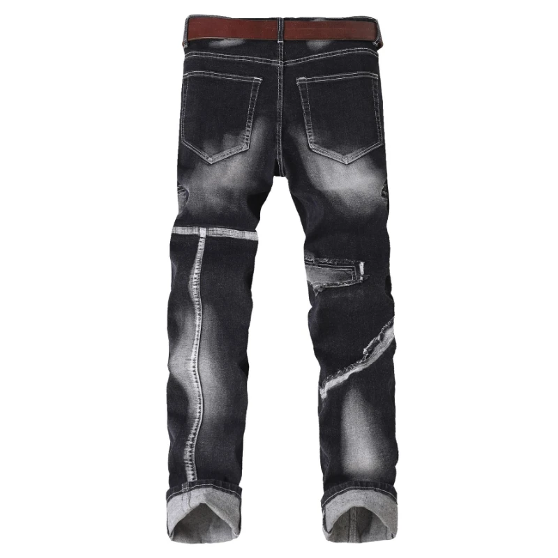 Men's Hole Slim Fit Straight Biker Jeans New Stretch Casual Hip Hop Street Pants Fashion Patchwork Trend Male Denim Trousers