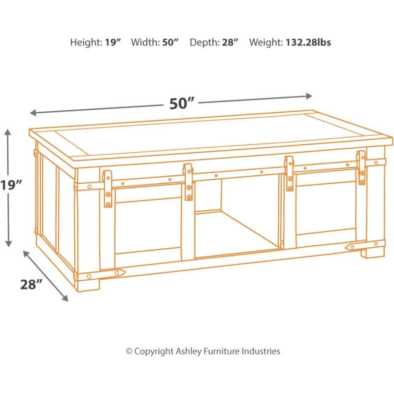 Table basse de ferme avec portes de grange coulissantes, conçue avec rangement GNE dissimulé et roulettes pour une mobilité facile