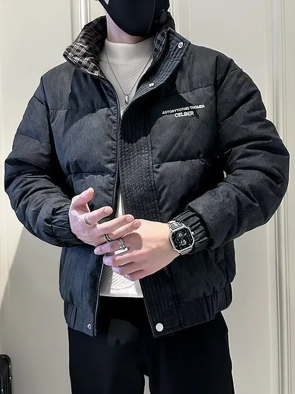 Ele Youth Men's down Cotton Jaet Winter Faion Brand Embroidery Hip Haome Thiened Stand Fit Coat for Men