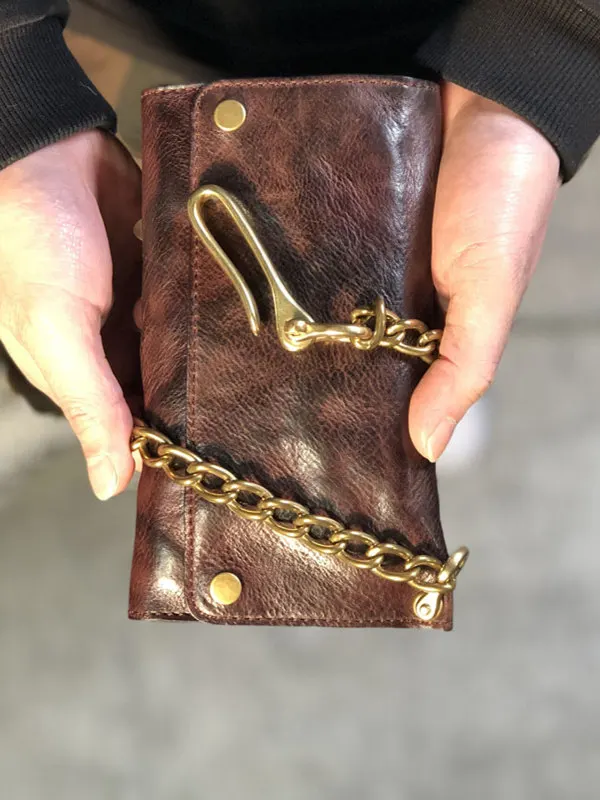 

PNDME trend vintage genuine leather men's long wallet designer handmade cow leather copper chain three-fold phone clutch bag