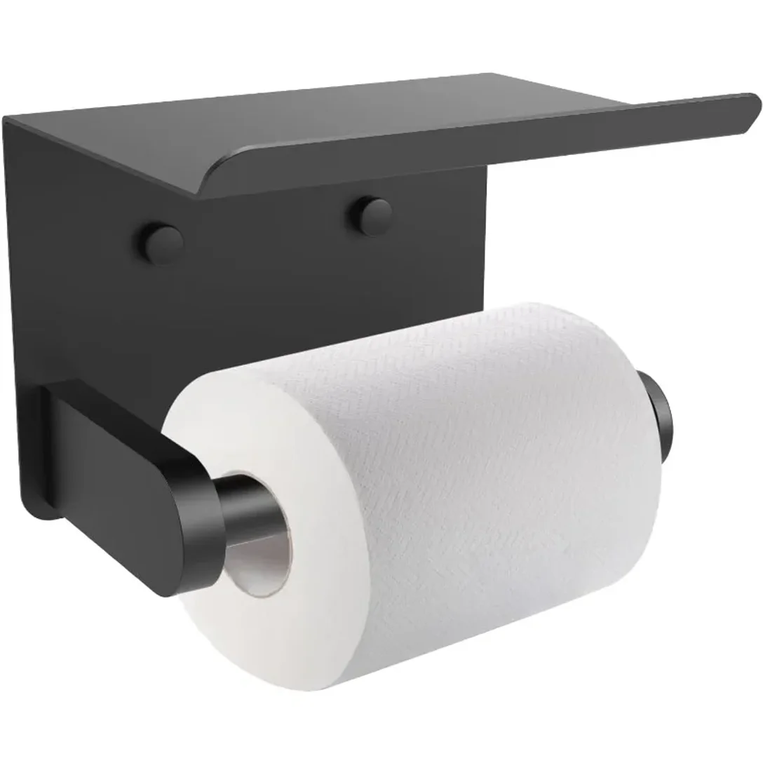 

Toilet Paper Holder with Shelf Adhesive or Screw Bathroom Toilet Paper Roll Holders Wall Mount Matte Black Tissue Holder