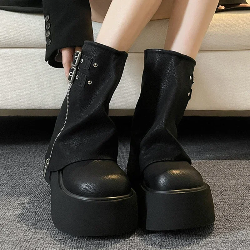 Women's Ankle Boots Side Zippers Fashion Round Toe Ladies Elegant Pipe Short Boots Shoes Thick Soled Women's Boots Winter 2023