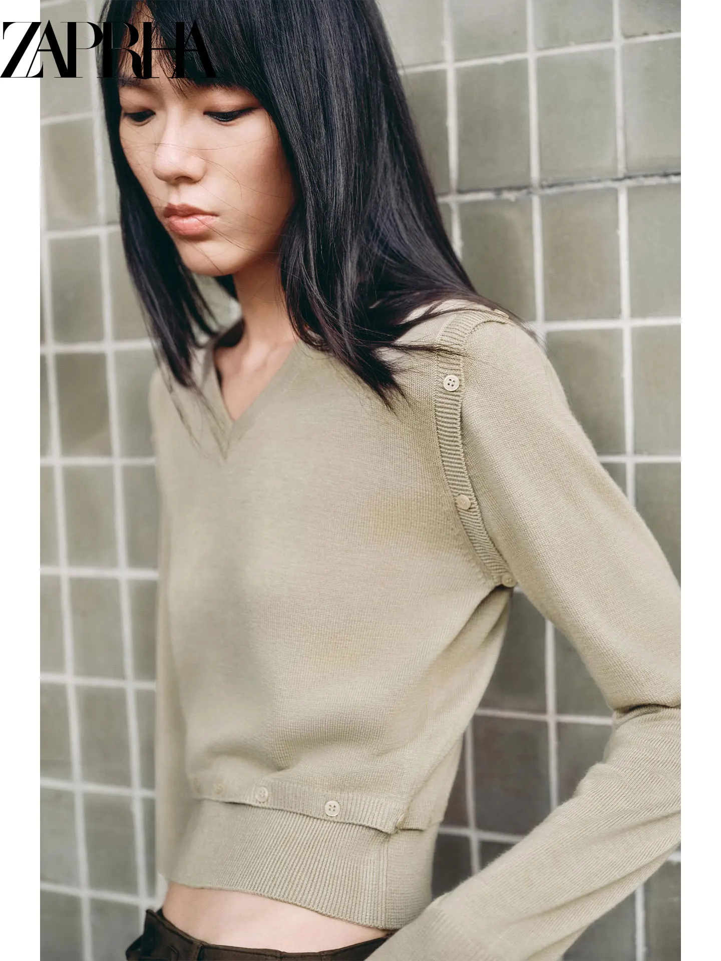 

ZAPRHA 2022, осенний новый женский простой универсальный длинный свитер с v-образным вырезом и пуговицами, декоративный вязаный свитер, съемный Ele Sle