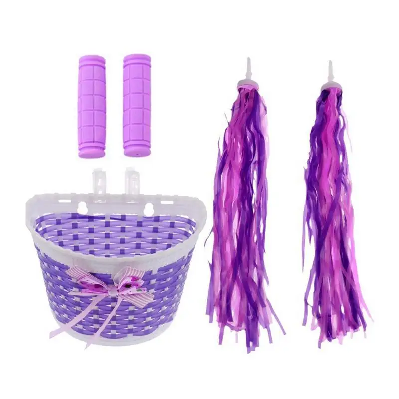 Kids Bike Basket Set Boys Girls Bicycles Basket With Handlebar Grips And Tassels Streamers Bicycle Accessories Two Color