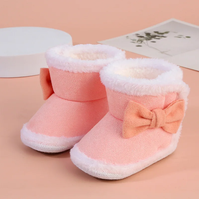 Newborn Babys Shoes Furry Snow Boots Cute Bowknot Girl Toddler Winter Plush Snow Booties Warm Infant Shoes Infant First Walkers