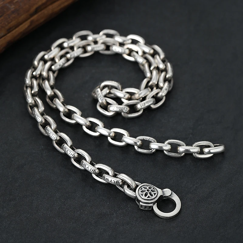 European and American style cool cherry blossom buckle Cuban chain thick necklace pure silver handmade retro trend O-chain