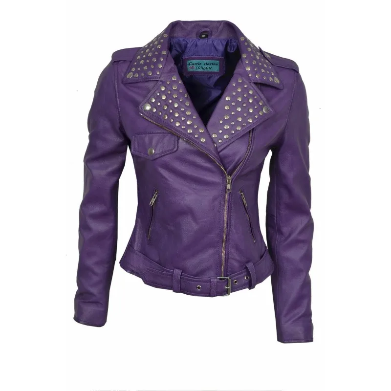 Giacca da motociclista Slim Fit viola in vera pelle di agnello 100% da donna