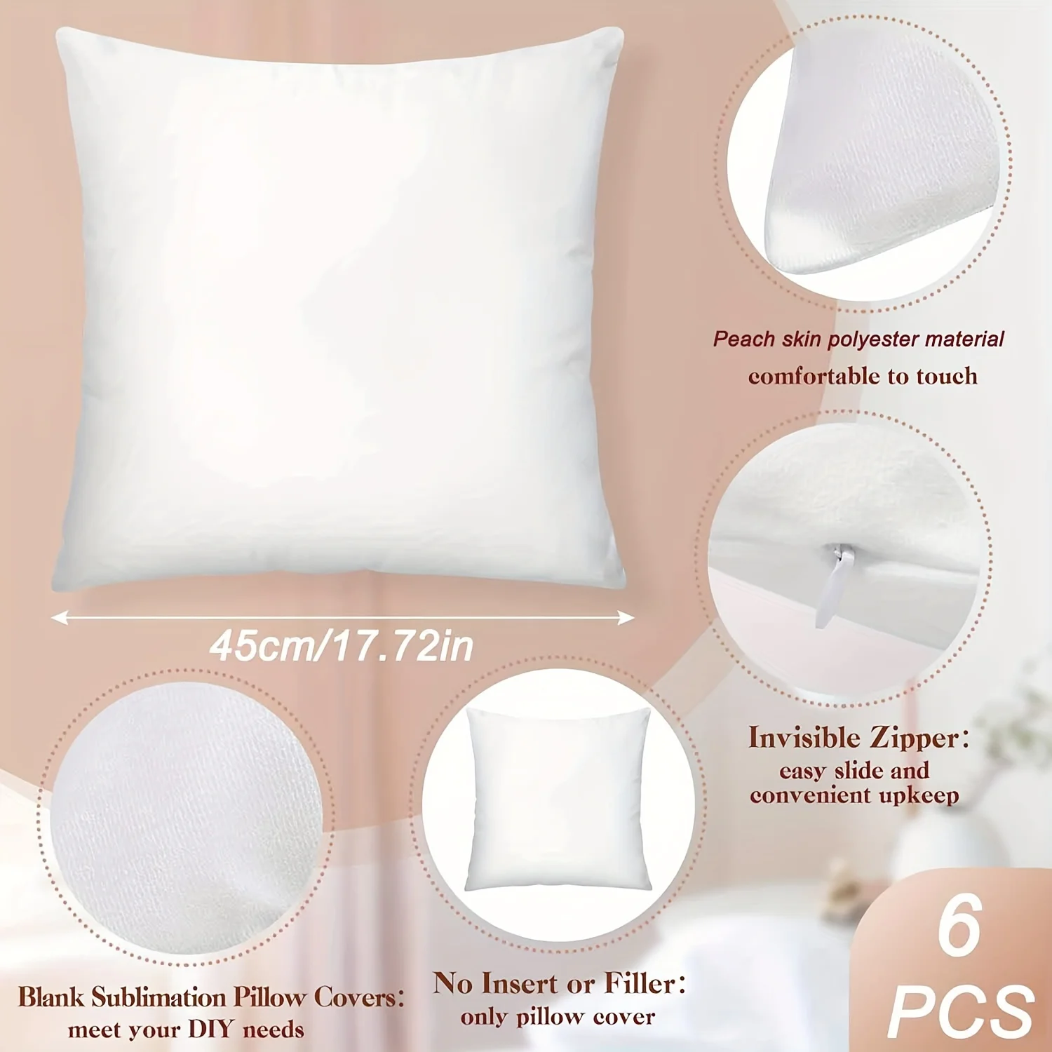 6pcs Sublimation Pillow Cases 17.72 x 17.72 Inch White Blank Cushion DIY Heat Transfer Pillow Covers with Invisible Zipper