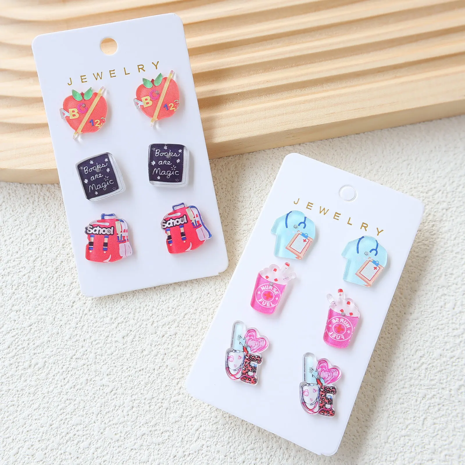 12 Sets Love Nurse Apple Schoolbag Acrylic Stud Earrings Girls Funny Back to School Spring Summer Jewelry Wholesale
