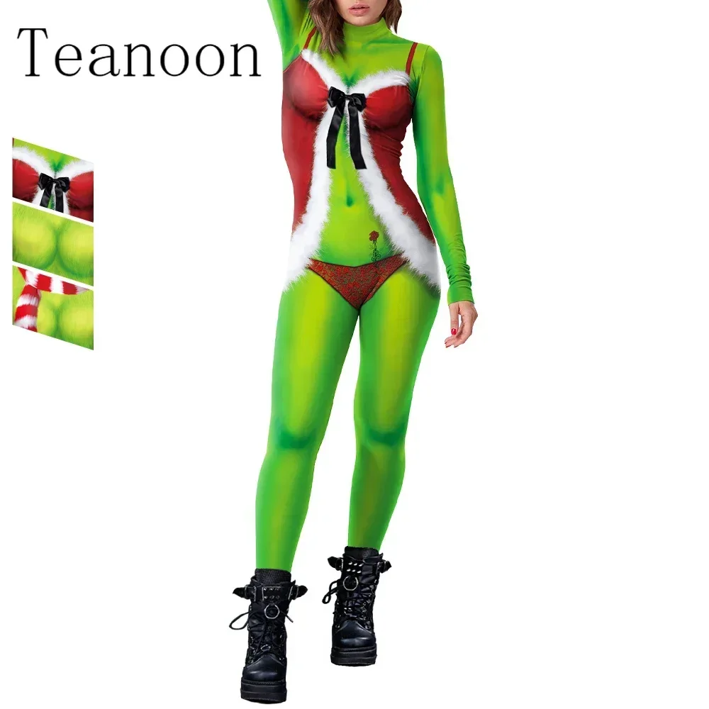 2024 New Christmas Women Fashion Jumpsuit Long Sleeve Green Printing Bodysuit Holiday Party Funny Cosplay Costumes Performance