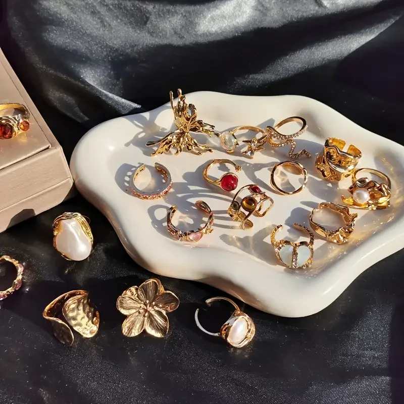 10/20/30Pieces Fashion Imitation Pearl Flower Open Rings Set For Women Mix Style Colorful Rhinestone Finger Jewelry image 3