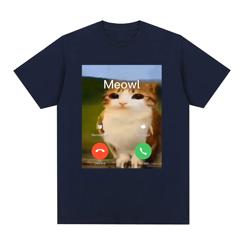 Meowl Is Calling Phone Call Meme Brainrot Funny Cat Owl T-shirts Men's Clothing Fashion Harajuku Short Sleeves Cotton T Shirts