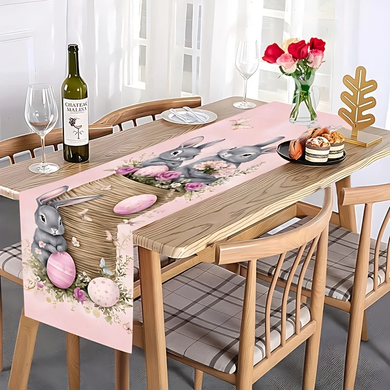 1 Stück rosa Osterhasen-Tischläufer, Tischdecke im pastoralen Girly-Stil, dekorative lange Tischdecke für festliche Atmosphäre