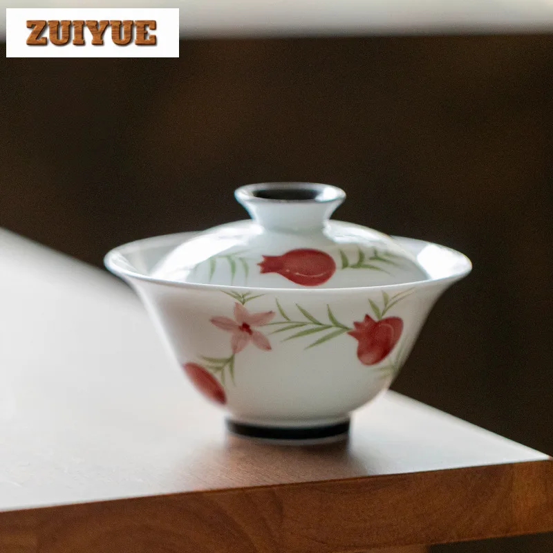 100ml Hand Drawn Pomegranate White Porcelain Thin Body Gaiwan Aesthetic Tea Tureen Tea Bowl With Lid Kit Tea Maker Cover Bowl