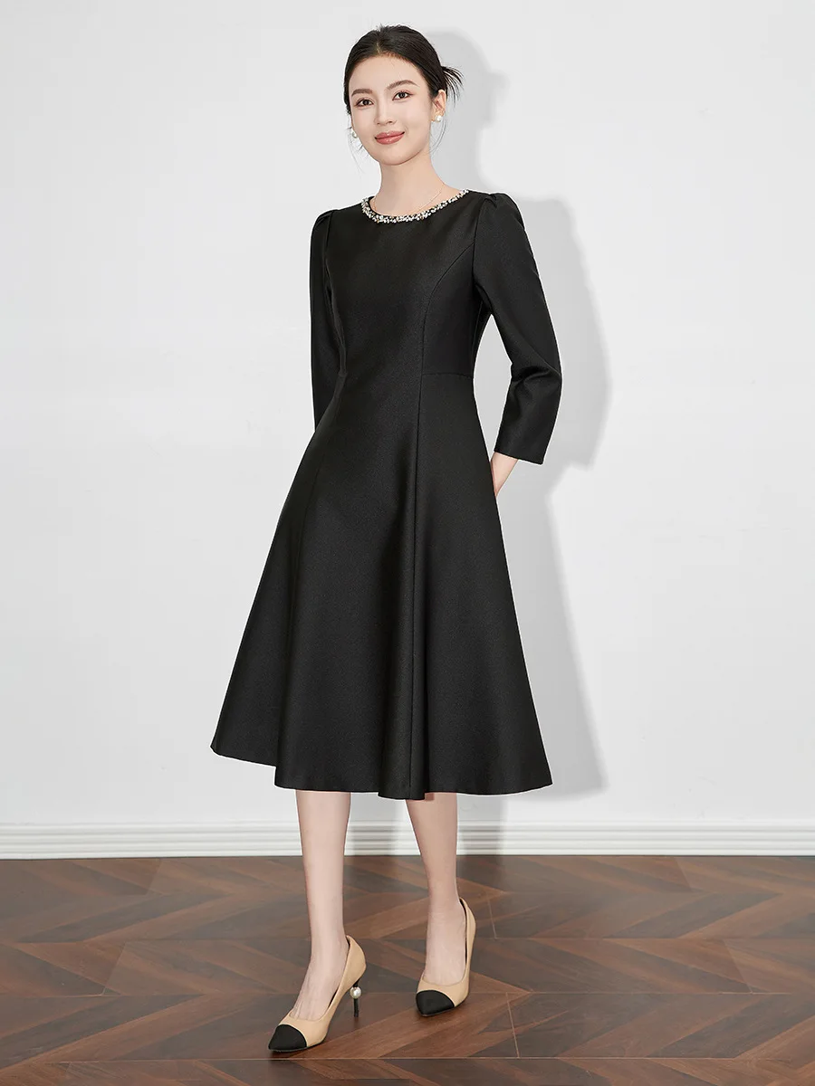 Luksusowe sukienka midi z okrągłym dekoltem wiosenne damskie z długimi rękawami luźne sukienki letnie z wysokim stanem sukienka do kolan na zamek