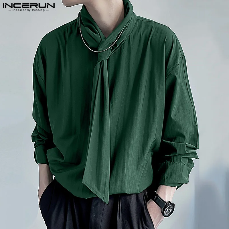 INCERUN Tops 2024 Korean Style Fashion New Men\'s Solid Tie Design Shirts Casual Simple Male All-match Long Sleeved Blouse S-5XL