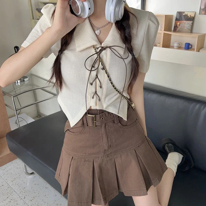 Ensemble deux pièces à bandes pour femmes, haut court, Sexy, doux, épicé, Simple, chemise à nœud, Denim, Vintage, plissé, Preppy, jupe à fermeture éclair, nouvelle collection été