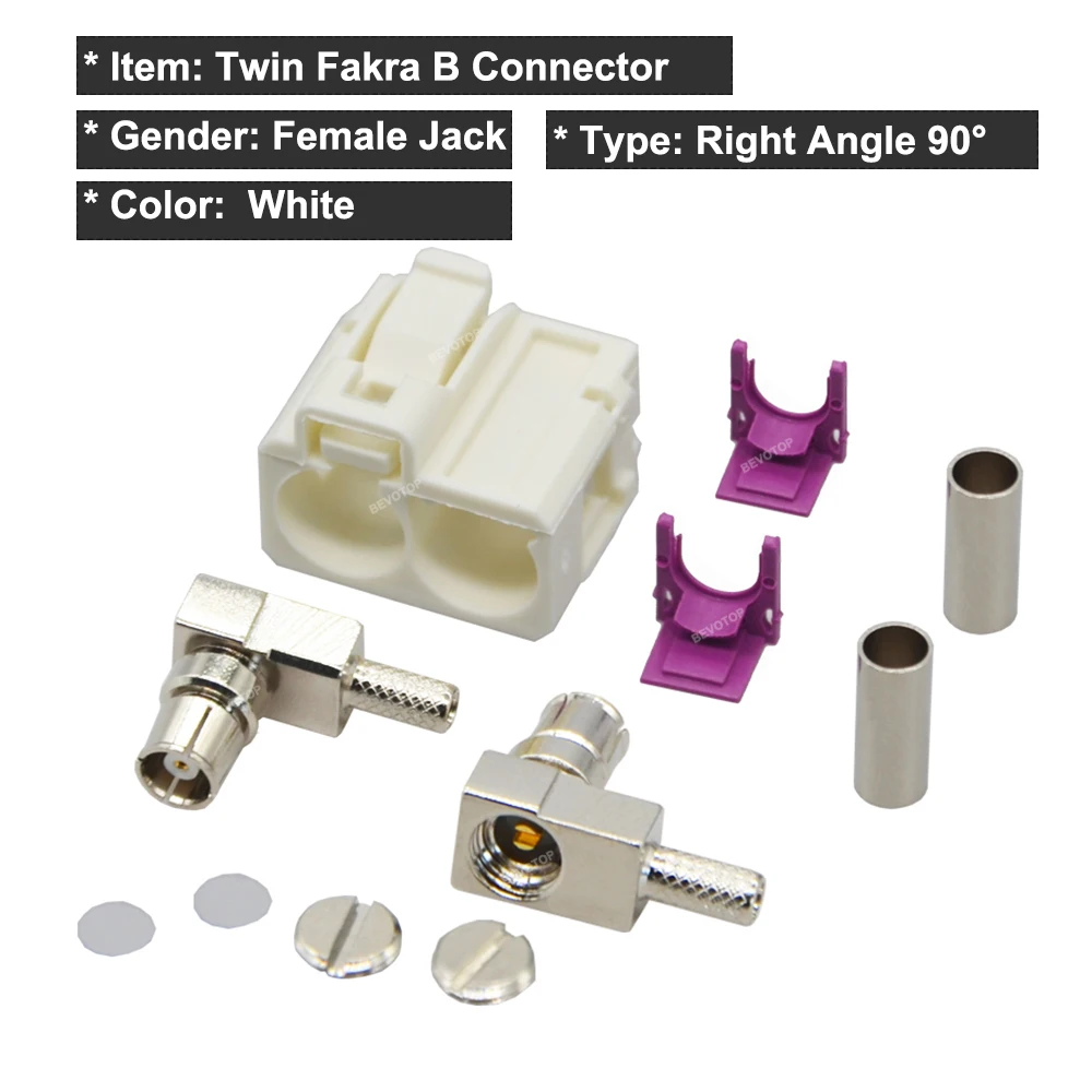 BEVOTOP Twin Fakra Double Code B Female Right Angle Jack 50 Ohm RF Coaxial Wire Connectors for RG316 / RG174 Pigtail Cable