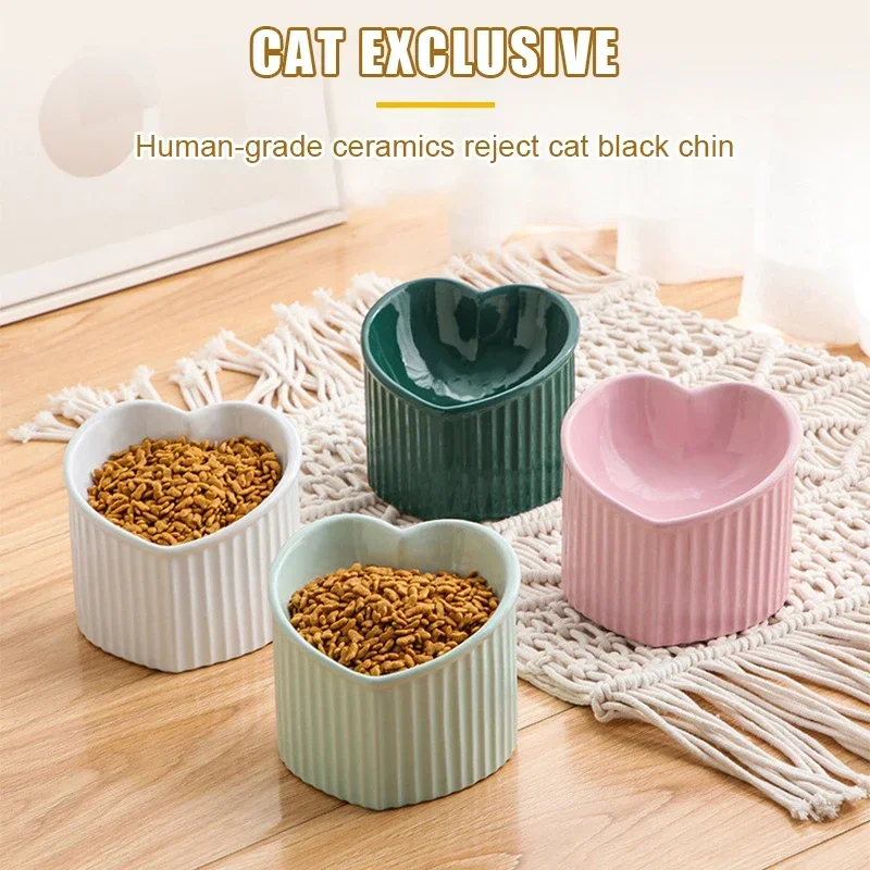 

Ceramic Tilted Elevated Cat Bowl Heart Shape Anti Slip Cute Cats Kitten Small Dogs Functional Width 14cm Handmade Pet Feeder