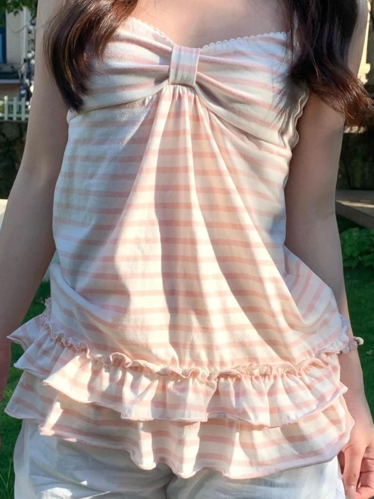 Deeptown Japanese Sweet Camis Women Kawaii Striped Pink Bow Sleeveless Vest Coquette Fashion Cute Summer Slim Up Ruffles Tanks