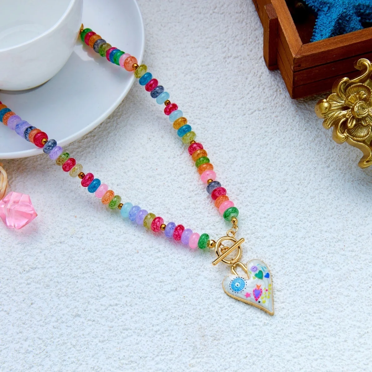 Dopamin Bunte Glas-Flachperlen Graffiti-Blumen-Herz-Anhänger Halskette für Frauen Männer Y2K Vintage OT-Schnallen-Choker Schmuck – Detail 35