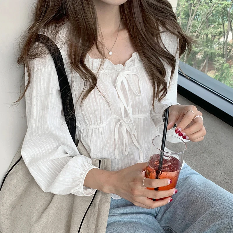 New Long Sleeve Spring Linen Cotton Blouse Lace Up Women White Shirt Casual Girls Korean Women Blouses Femme Tops Soft 11700