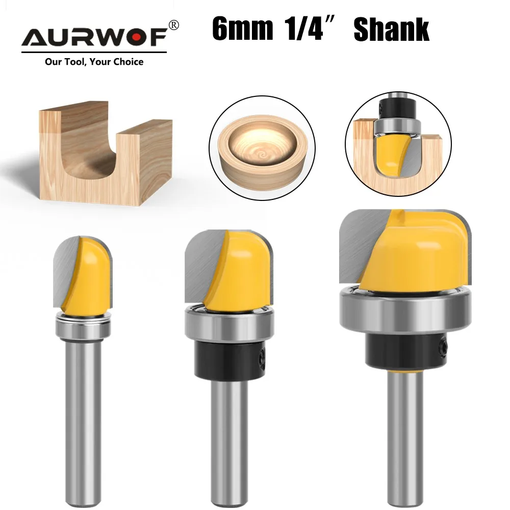 

AURWOF 6mm 6.35mm Shank 1-1/8 3/4 Inch Diameter Bowl Tray Router Bit Round Nose Milling Cutter With Bearing For Woodworking