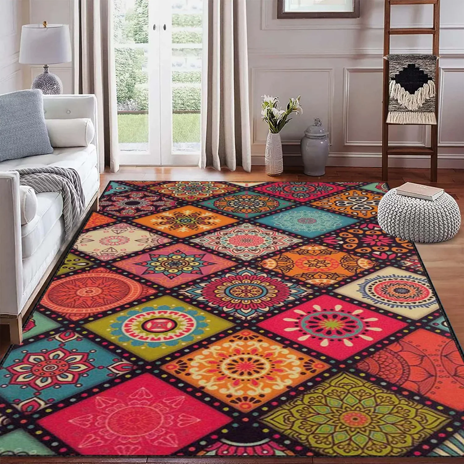Room Decor Rug  Colorful Boho Mandala Patchwork Area Rug, Vintage MoR1OCcan Floral Geometric Rug, Soft Living Room Bedroom DE1corat Mat, Gift Carpet