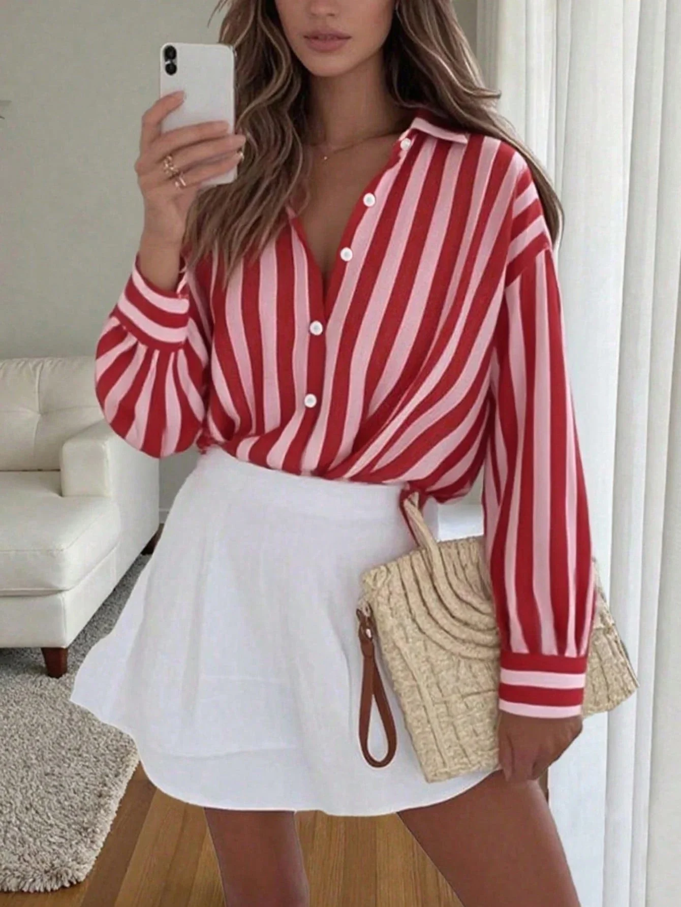 

Women's Red And Pink Striped Button-Up Blouse Loose Casual Long Sleeve Shirt Spring