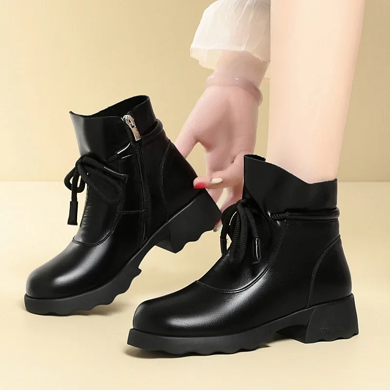 

4cm British Style Soft Leather Shoes Women's Snow Boots Platform Winter 2024 Square Heels Warm Fur Ankle Boots for Office Mom