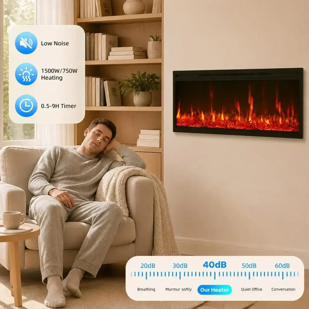 42Inch Electric Fireplace For Living Room Multi-color Fake Flame Electronic For Living Room Multi-color Fake Flame Electronic Recessed and Wall Mounted Heater Adjustable Brightness and 0.5-9H Timer