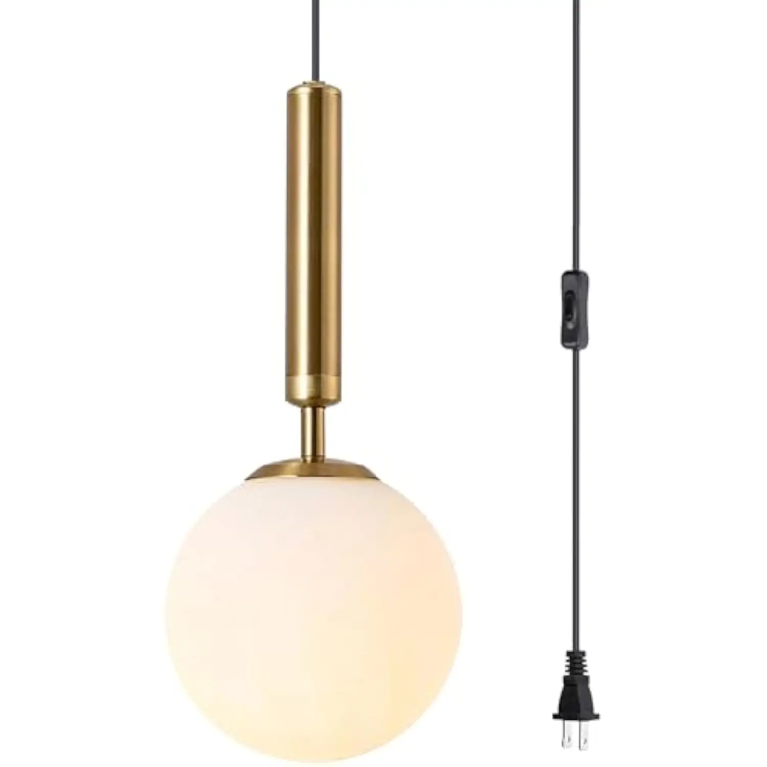 

Mid Century Modern Large Gold Globe Hanging Pendant Light Plug in Brushed Brass White Glass Hanging Lamp Plug in Cord Minimali