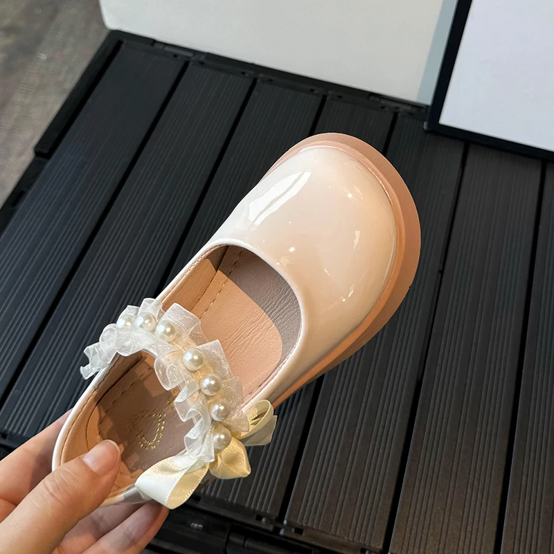 Girls Leather Shoes Beige Pearl Bow Daily Girls Single Shoes 3-16 Years Old Black Hundred with Non-slip Children\'s Kids Shoes