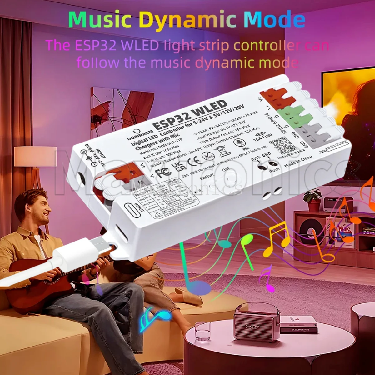 

2025 DOMRAEM ESP32 WLED Controller with Mic WS2811 WS2812B WS2805 SK6812 APA102 PD Power Fast Setup Dual 5-24V DC Input 16A Fuse