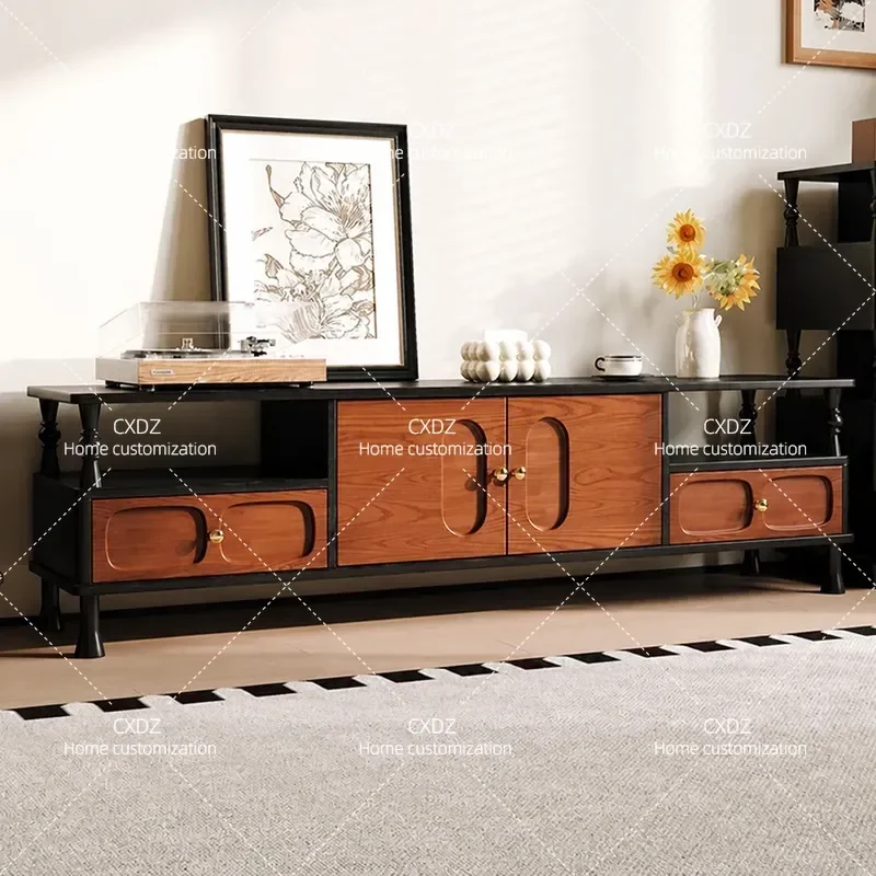 French Retro Solid Wood TV Cabinet Living Room Storage Floor Console for Small Apartment Antique Style Media Stand Furniture