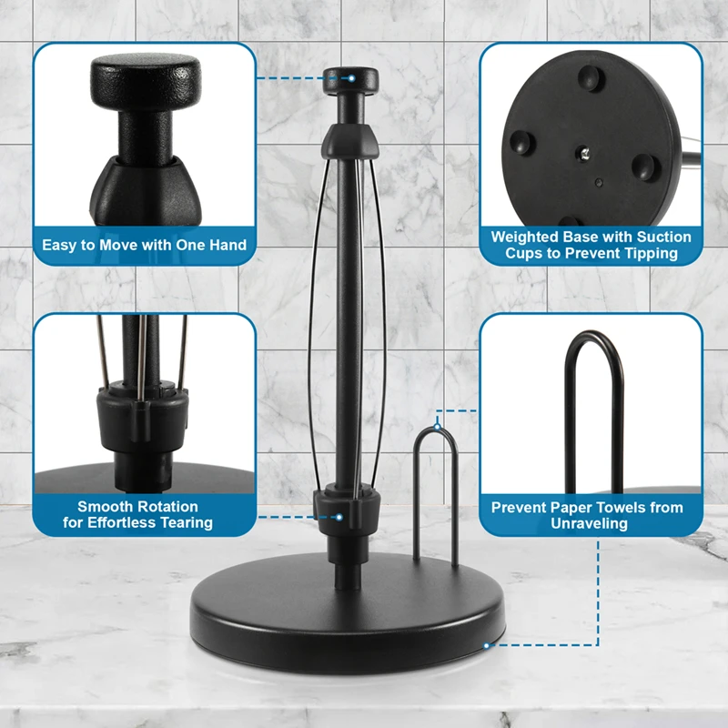 Top-Paper Towel Holder Countertop, Paper Towel Stand With Ratchet System For Kitchen Bathroom Black