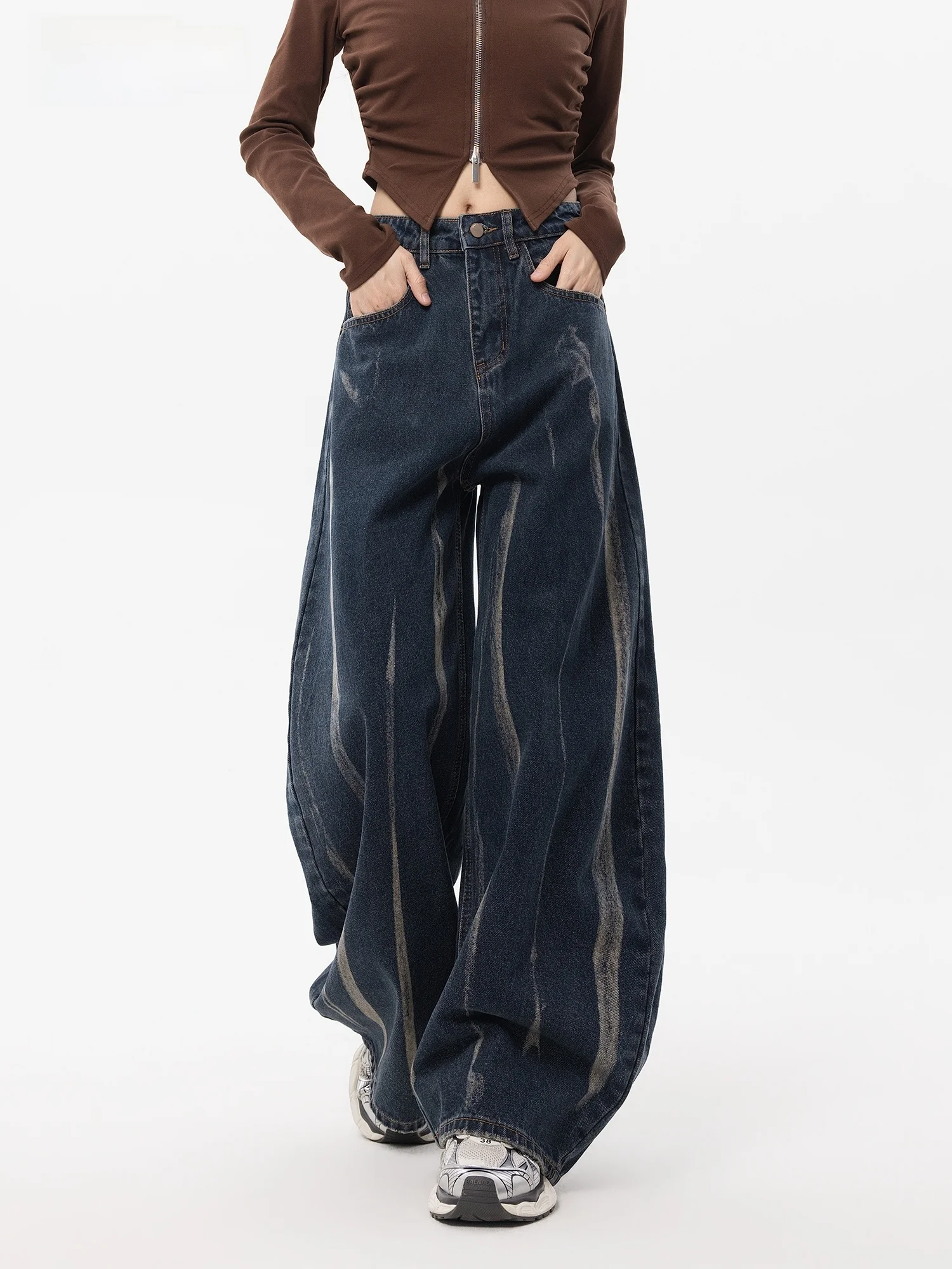 

Deep Blue Tie Dye Wide Leg High Waist Women's Jeans Casual Sle Spring New Design E.D.X Brand Comfortable Loose Fit Denim Pants