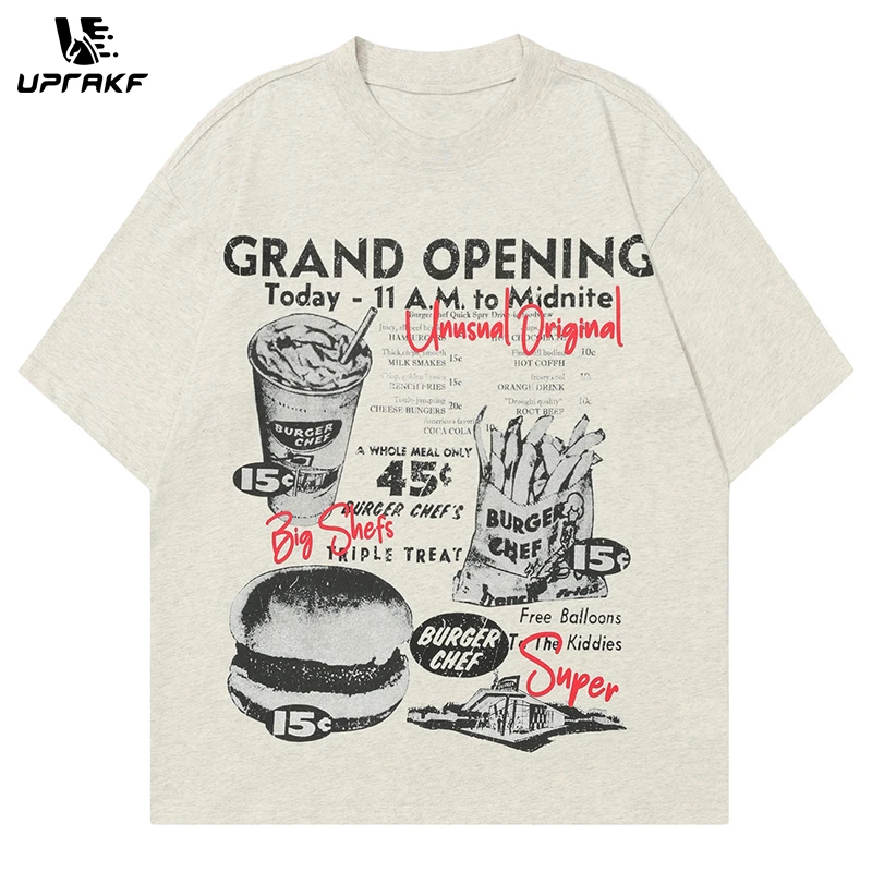 UPRAKF Fast Food Print T Shirt Oversize Tees Fashion Casual Top Short Sleeve Streetwear Pure Cotton Loose Summer