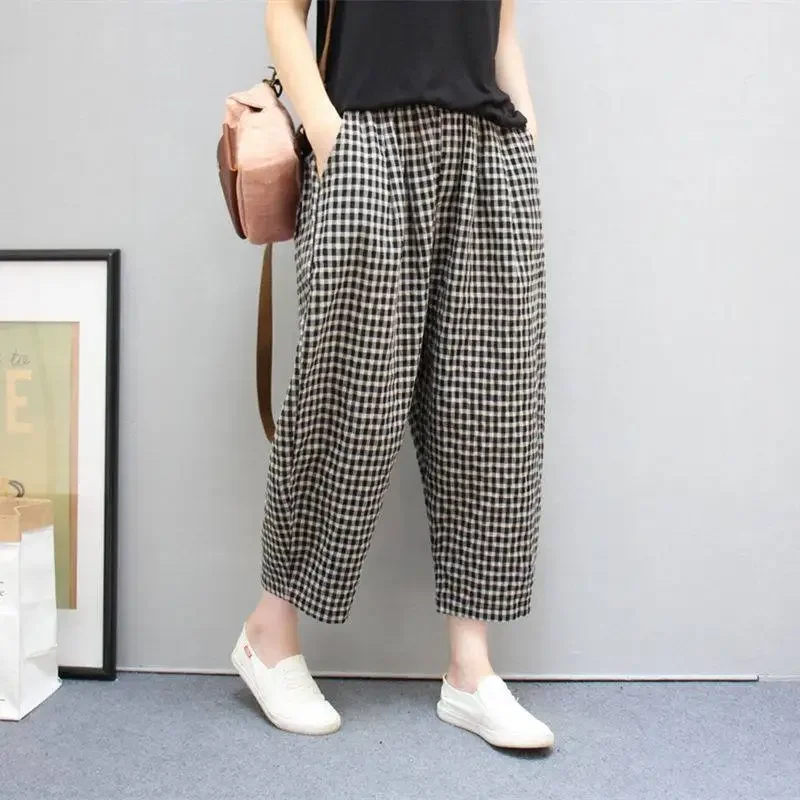 

Vintage High Waist Plaid Nine Pants Summer Solid Color Loose All-match Plus Size Harem Pants Fashion Casual Women Clothing Z817