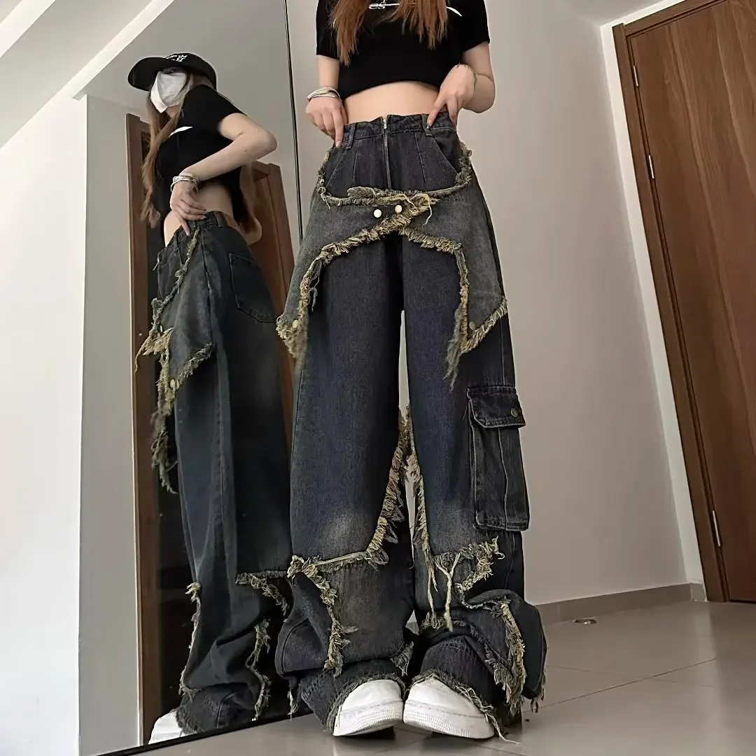 

American retro star jeans women's autumn and winter niche design sense rough edge high street straight loose wide-leg trousers