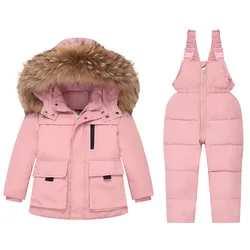 2024 Russian Winter Children Girl Clothes Set Real Raccoon Fur Down Jacket For Girl Waterproof Baby Boy Jumpsuit Kids Overalls