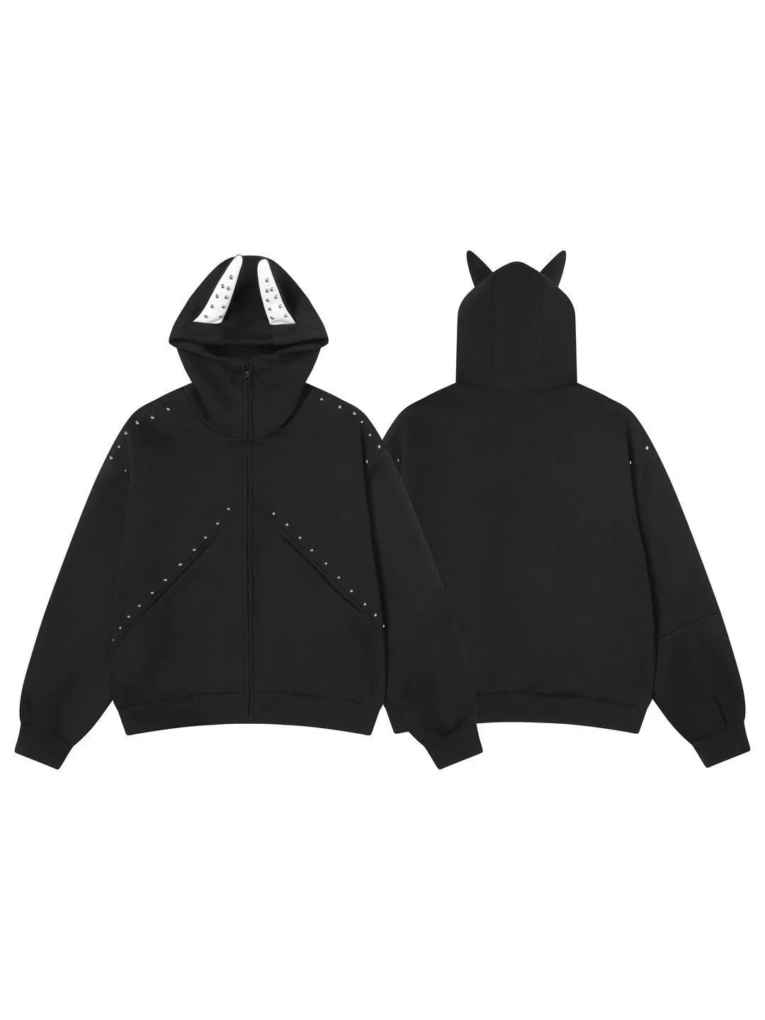 Amerykańska bluza z kapturem w stylu high street dla mężczyzn i kobiet, jesienna moda, bluza z nitami na uszy, modna patchworkowa luźna kurtka rozpinana z długim rękawem.