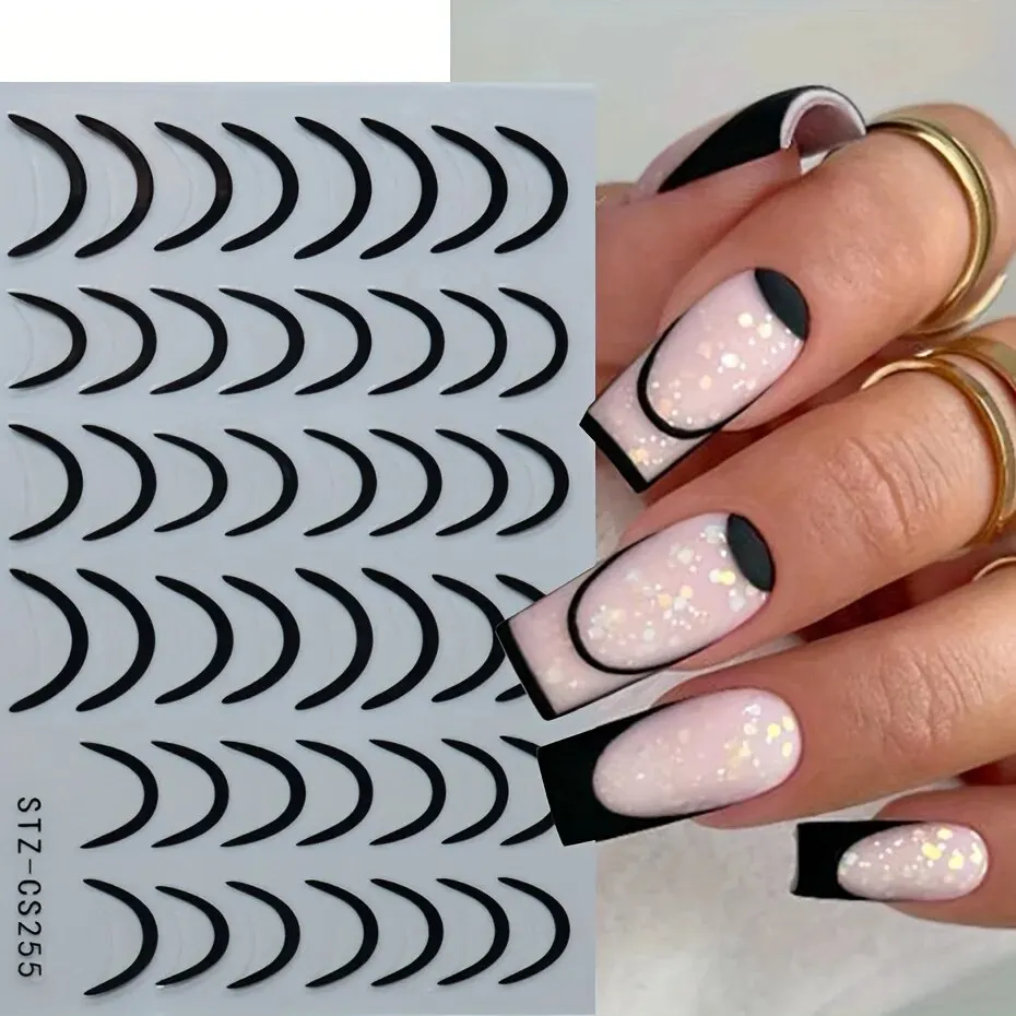 3D Simple French Tips Nail Stickers Silver Gold Metal Stripe Line Swirl Decals Curve Gel Nails Art Sliders Polish Manicure Decor