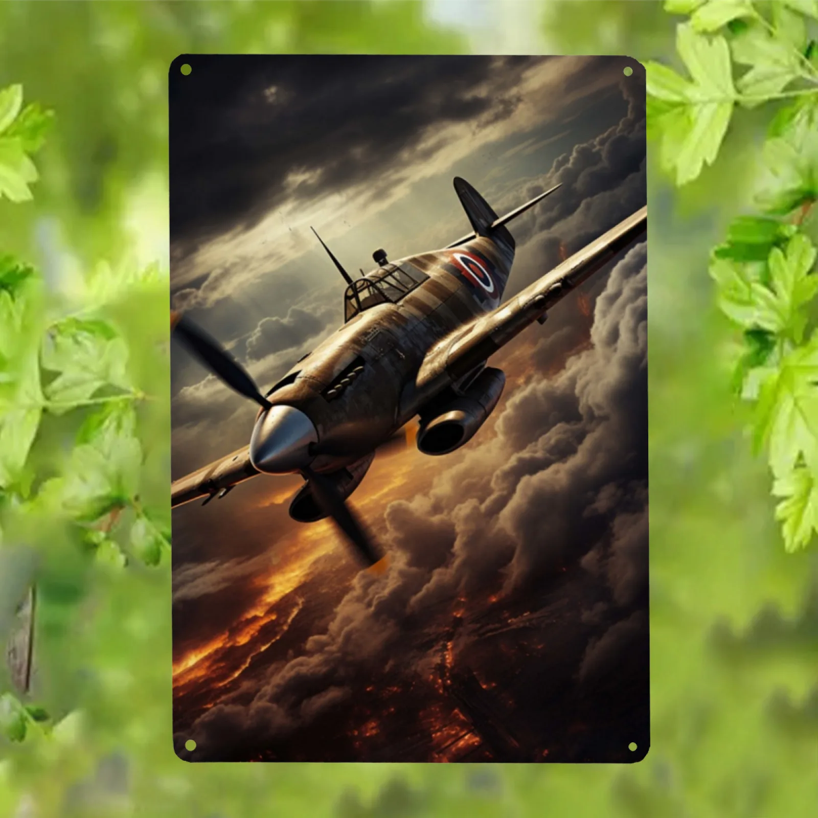 Vintage Spitfire Aircraft Tin Wall Art, Propeller Plane Metal Sign, Aviation Themed Home Office Study Bar Cafe Garden