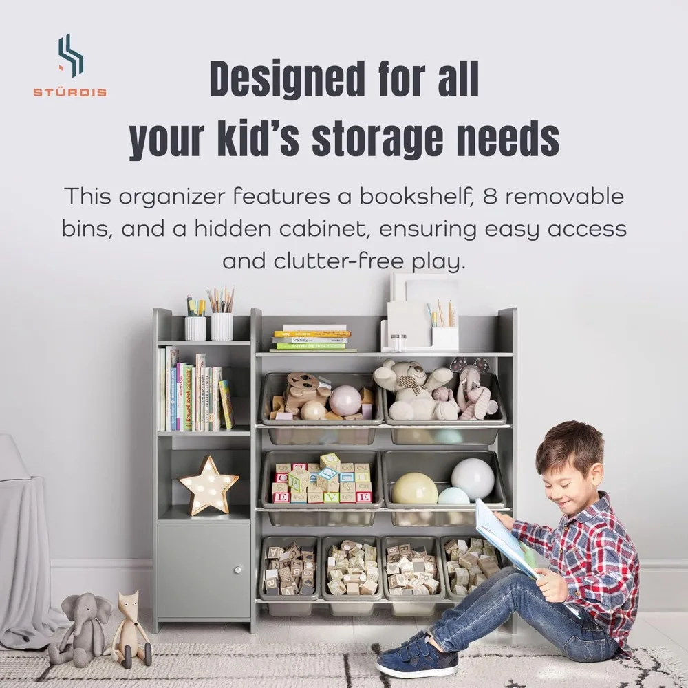منظم تخزين ألعاب الأطفال مع رف وصناديق رمادية - حل مثالي