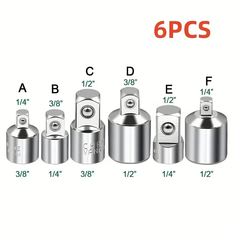 

6pcs Ratchet Wrench Socket Converter Sleeve Head Adapter 1/2 Big Fly 3/8 Fly 1/4 Stainless Steel 1/4 To 1/2 To 3/8 Tool