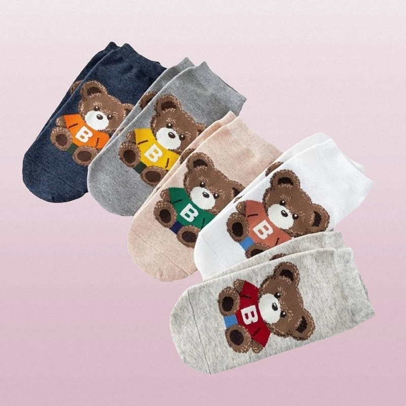 5/10 Pairs Cotton Breathable Short Socks Women's Boat Socks Cartoon Bear Casual Socks Women's College Style Straight Socks