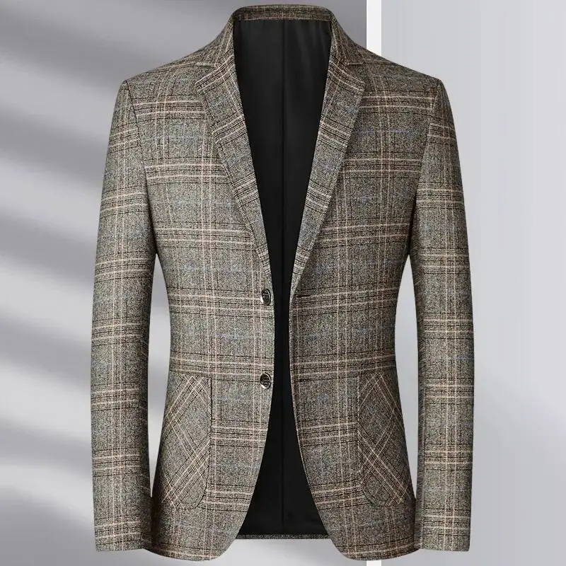 

2026 Men's Business Gentleman Wedding Fashionable Checkered Best Man, Slimming Casual Middle-Aged And Elderly Blazer